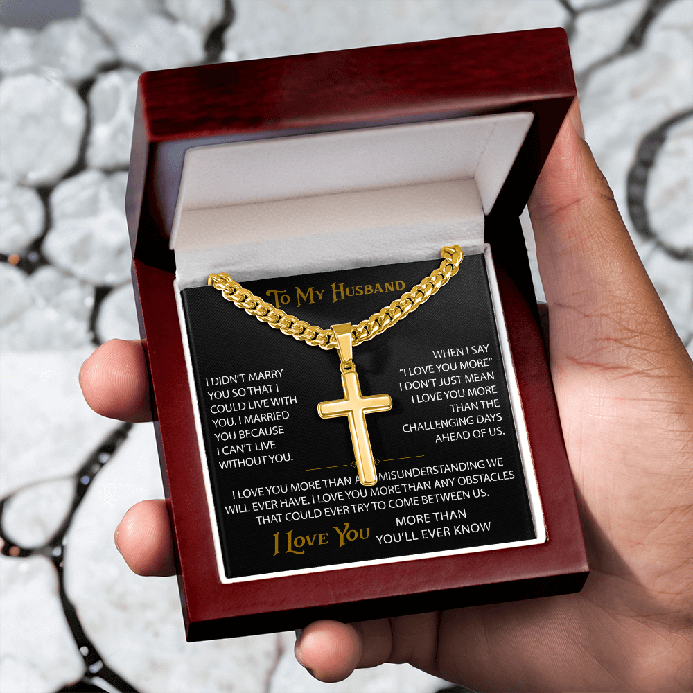 Wife Gift to My Husband Personalized Cross with Cuban Link Chain - Unique Present for Soulmate Broom, Wedding Anniversary, Birthday Gifts