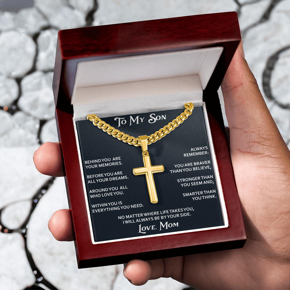 To My Son Personalized Cross with Cuban Link Chain Gift from Mom Mother for Birthday, Back to School, Graduation or any Special Occasion.