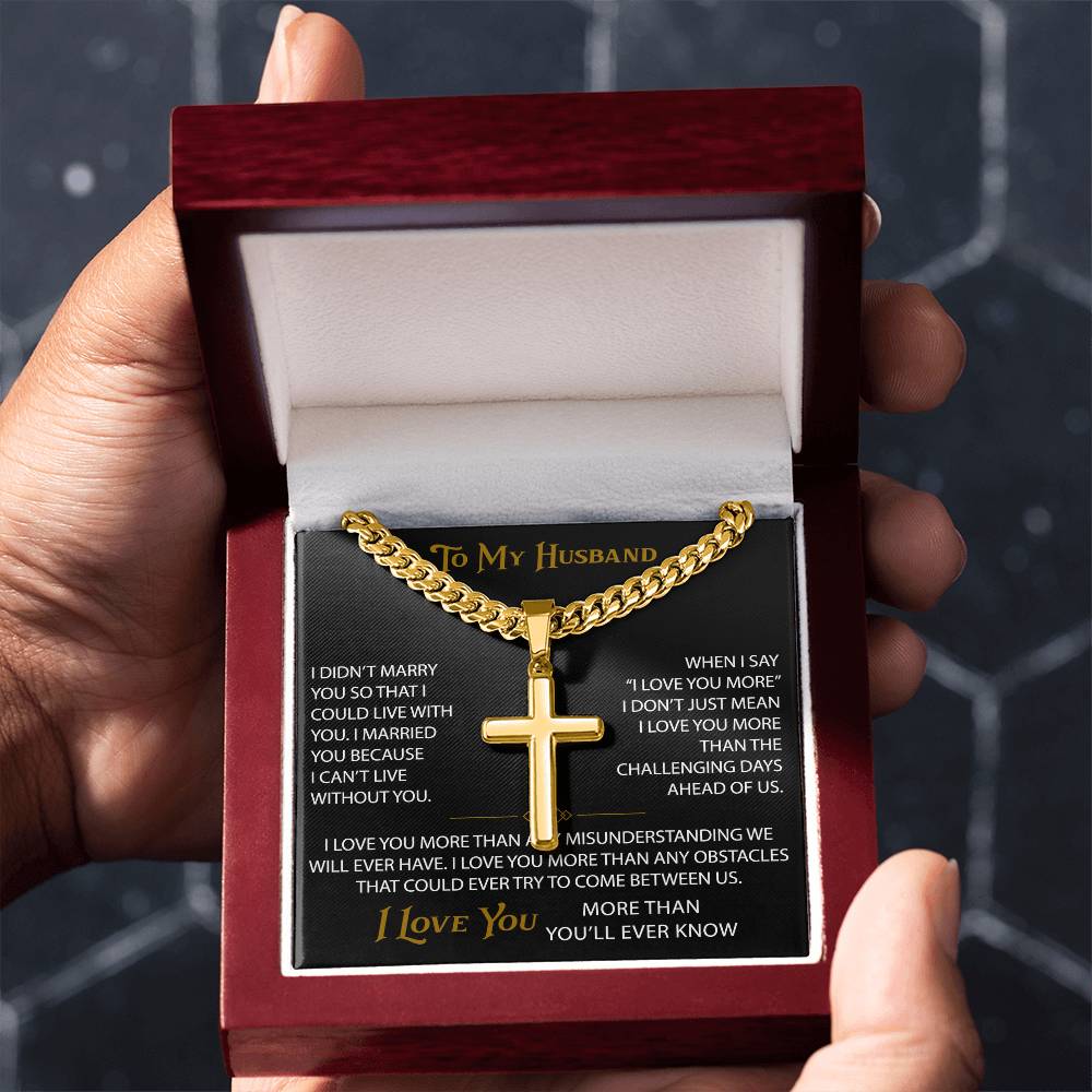 Wife Gift to My Husband Personalized Cross with Cuban Link Chain - Unique Present for Soulmate Broom, Wedding Anniversary, Birthday Gifts