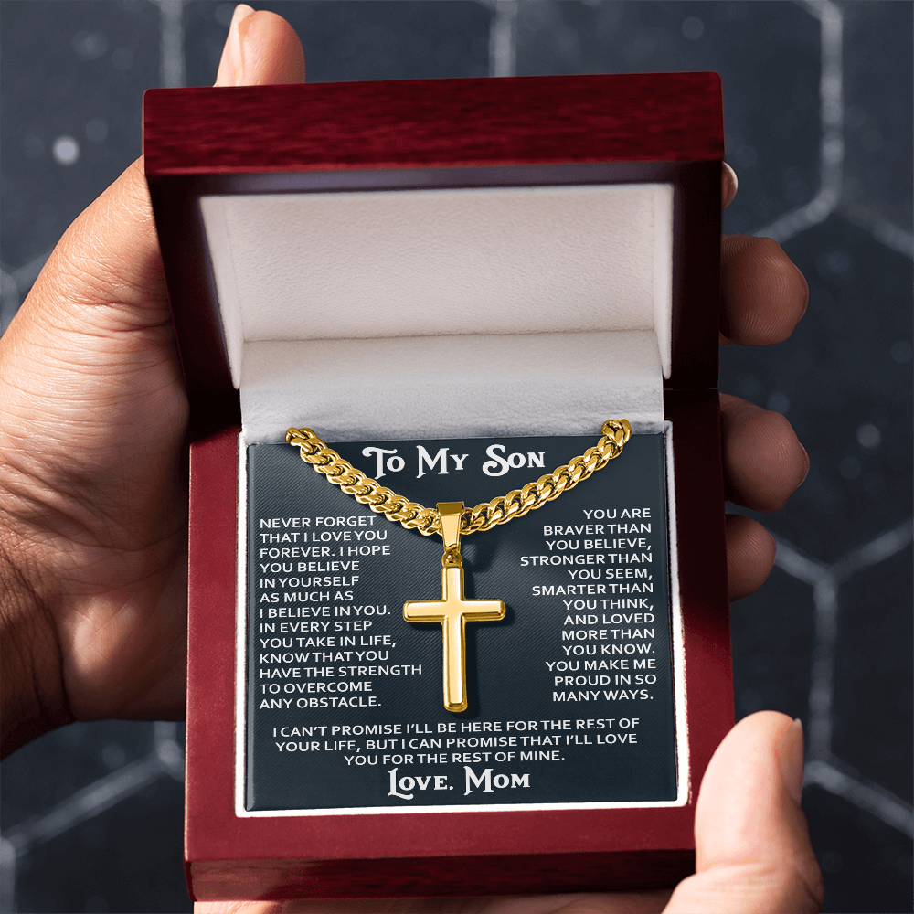 To My Son Personalized Cross with Cuban Link Chain Gift from Mom Mother for Birthday, Back to School, Graduation or any Special Occasion Present