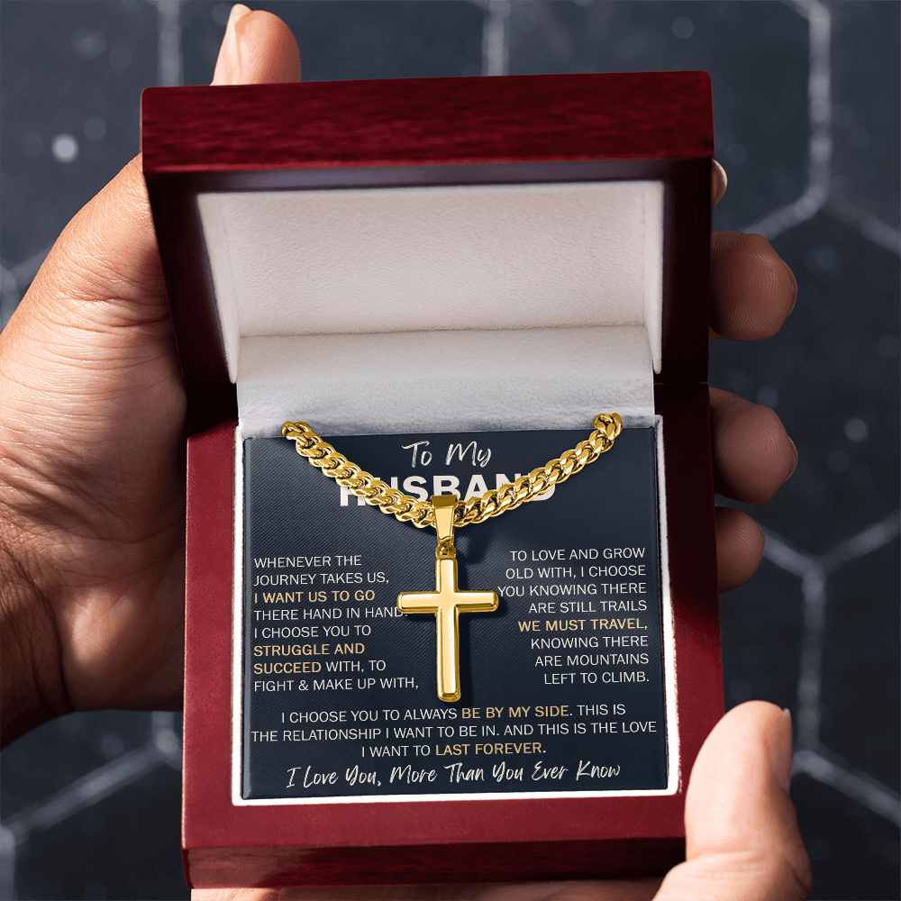 To My Husband Personalized Cross with Cuban Link Chain - Perfect Gift for Birthday, Valentine, Wedding Anniversary or any Special Occasion.