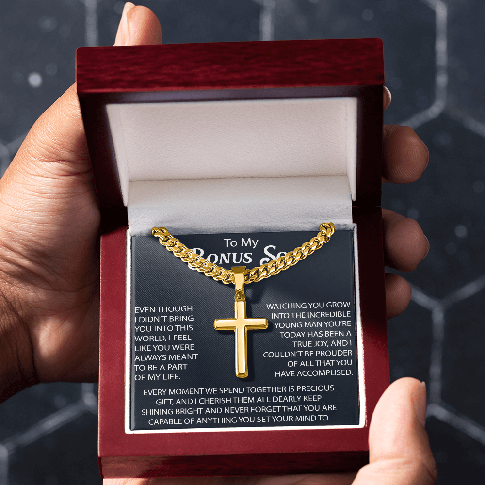 To My Bonus Son Personalized Cross with Cuban Link Chain -  Perfect Gift for Birthday, Christmas, Back to School or any Special Occasion.