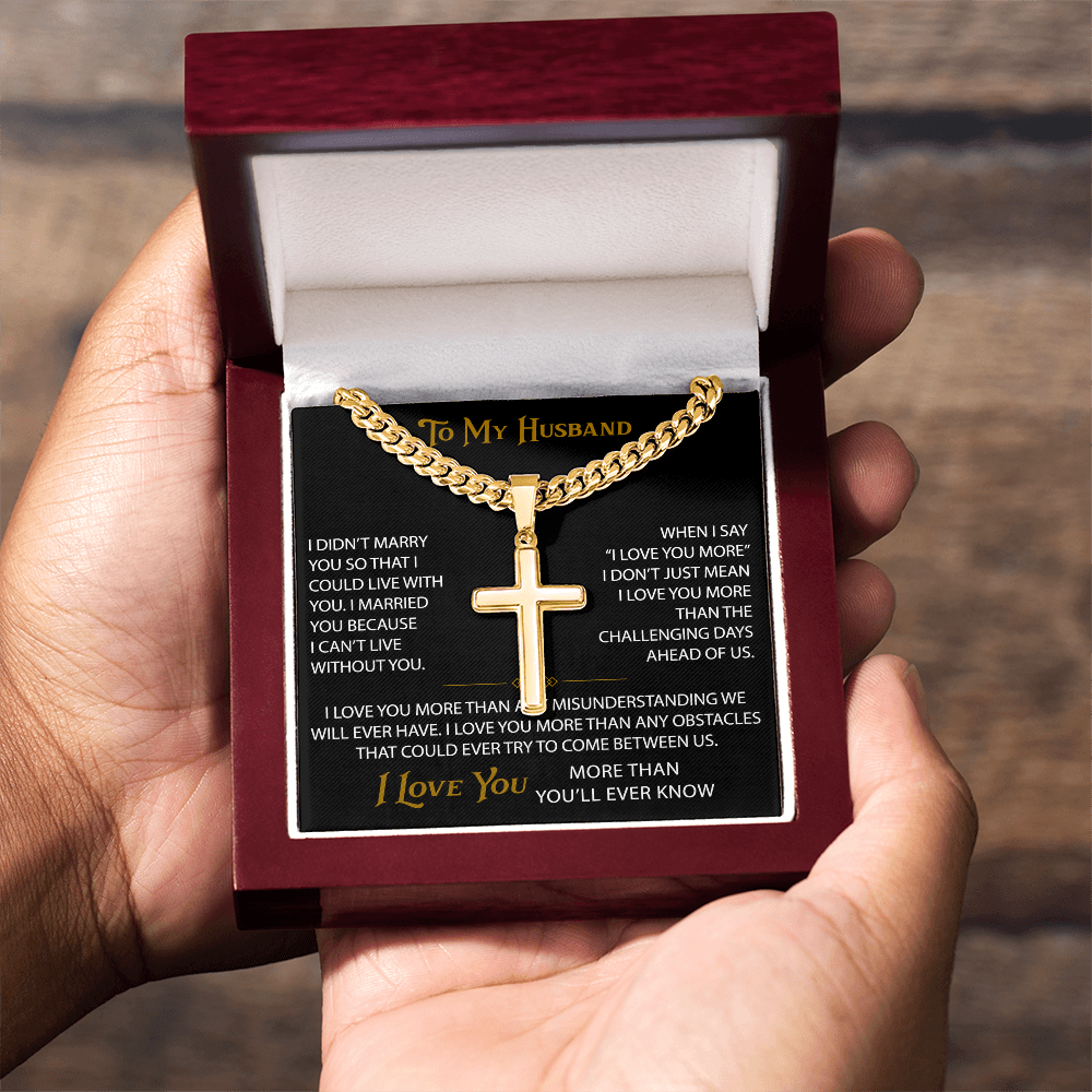 Wife Gift to My Husband Personalized Cross with Cuban Link Chain - Unique Present for Soulmate Broom, Wedding Anniversary, Birthday Gifts