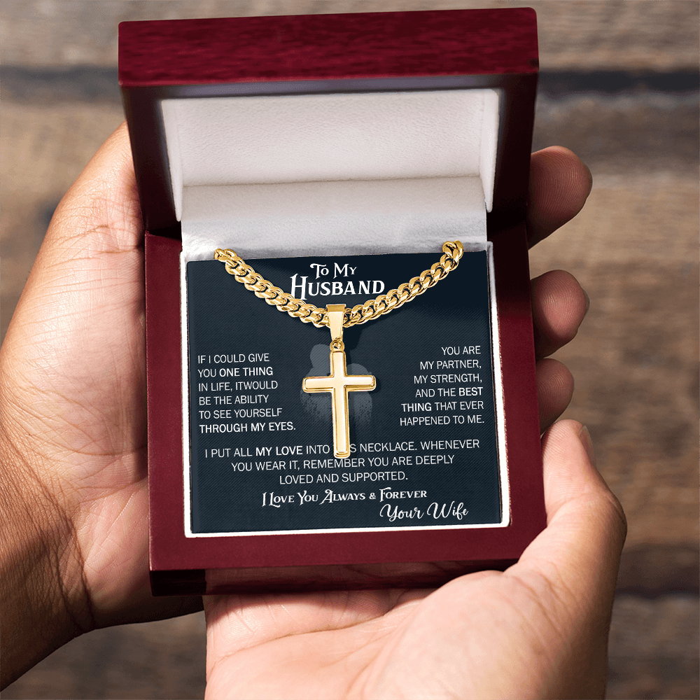 Product Image To My Husband Personalized Cross with Cuban Link Chain From Wife – Valentines Day Gifts for Her with Heartfelt Message Card, Premium Gold-Plated Wife Jewelry
