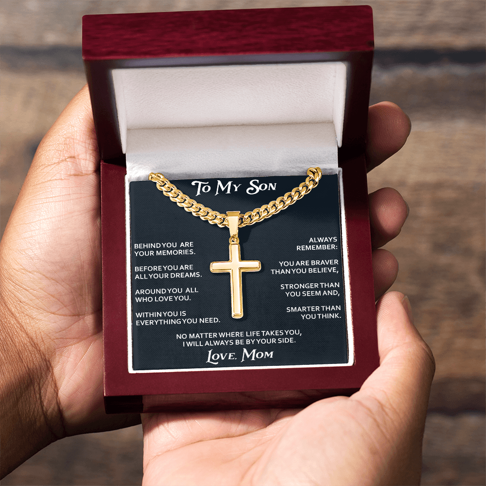 To My Son Personalized Cross with Cuban Link Chain Gift from Mom Mother for Birthday, Back to School, Graduation or any Special Occasion.