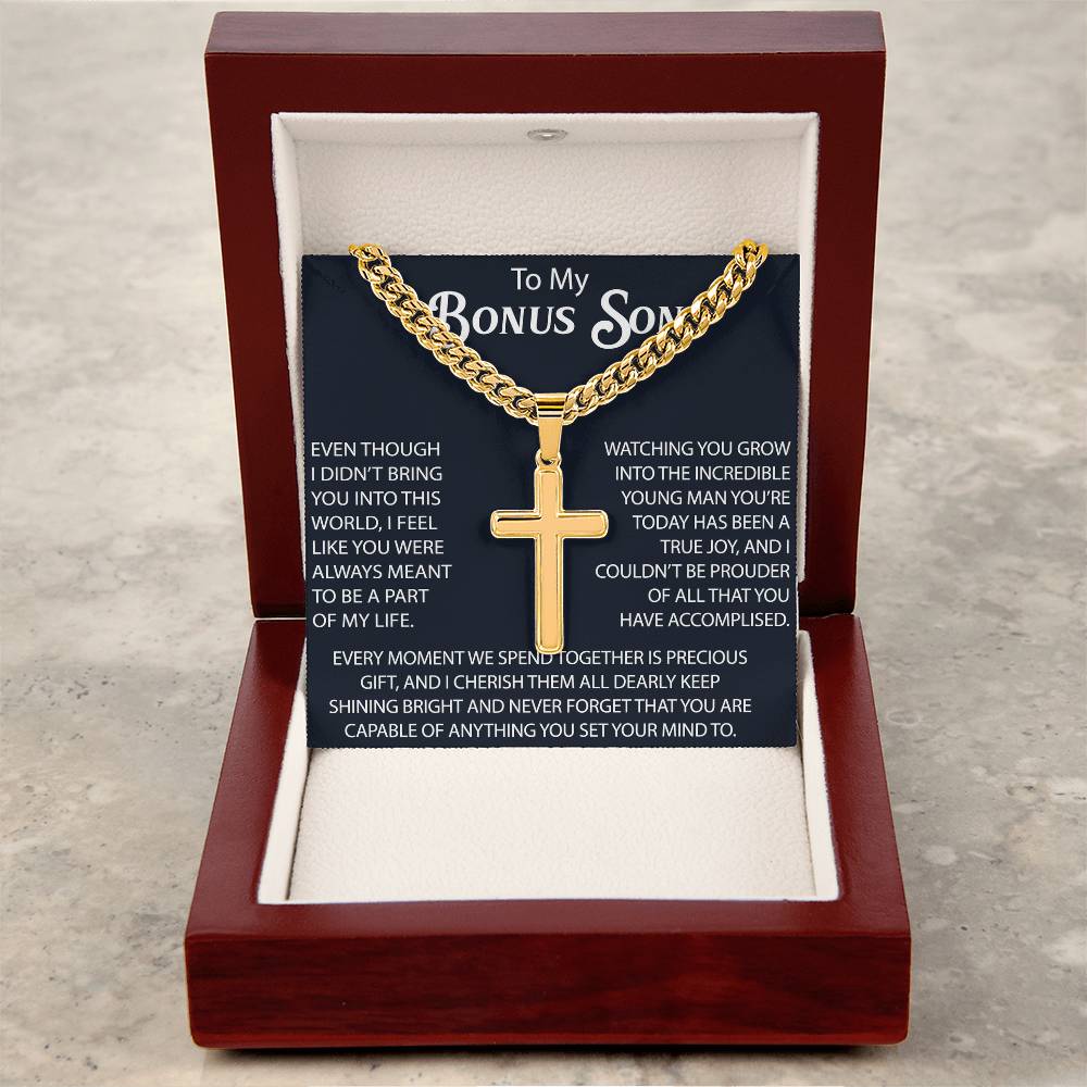 To My Bonus Son Personalized Cross with Cuban Link Chain -  Perfect Gift for Birthday, Christmas, Back to School or any Special Occasion.