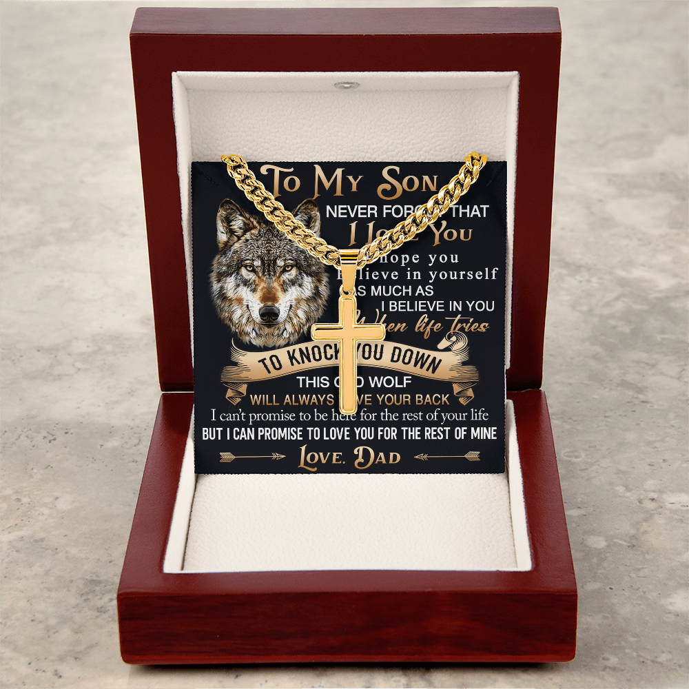 To My Son Personalized Cross with Cuban Link Chain Gift from Wolf Dad - Unique Gift for Birthday, Back to School, Graduation or any Special Occasion.