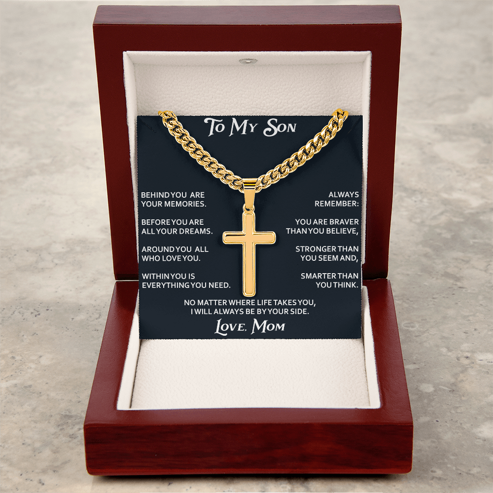 To My Son Personalized Cross with Cuban Link Chain Gift from Mom Mother for Birthday, Back to School, Graduation or any Special Occasion.