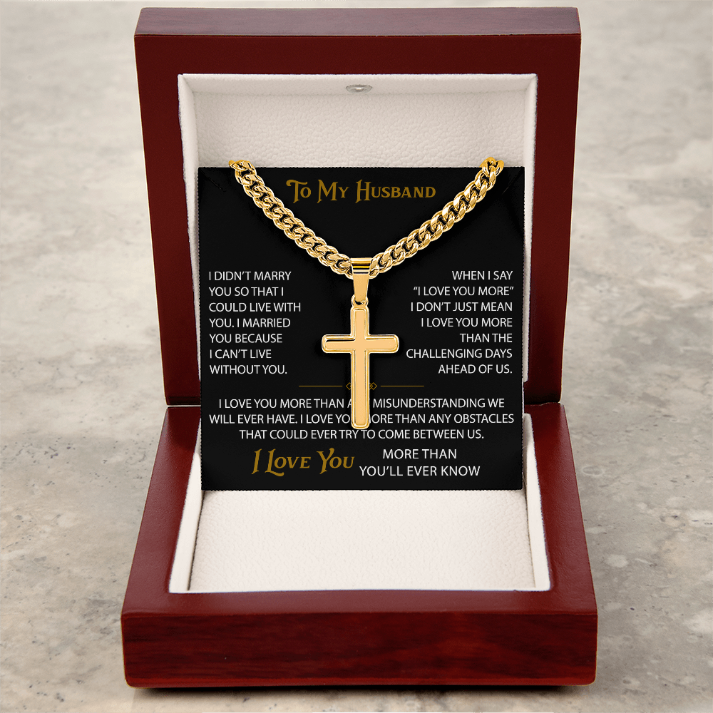 Wife Gift to My Husband Personalized Cross with Cuban Link Chain - Unique Present for Soulmate Broom, Wedding Anniversary, Birthday Gifts