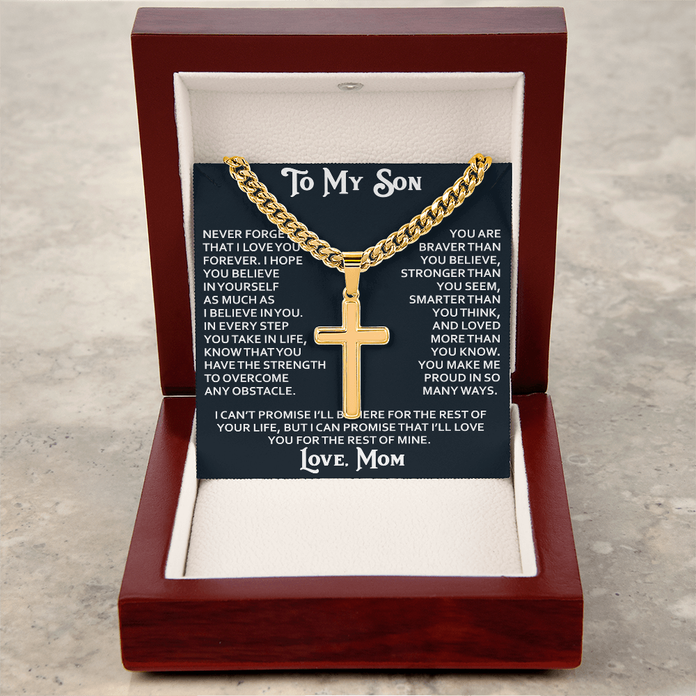 To My Son Personalized Cross with Cuban Link Chain Gift from Mom Mother for Birthday, Back to School, Graduation or any Special Occasion Present