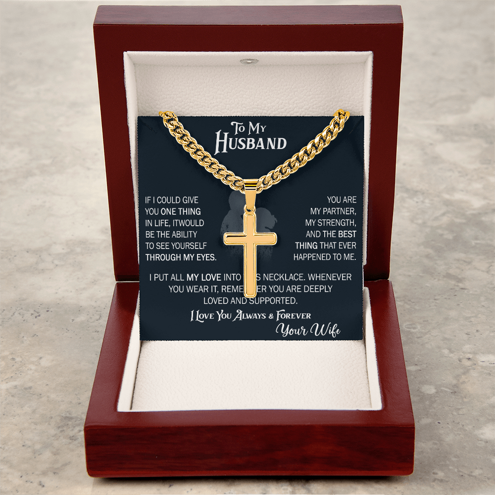 Product Image To My Husband Personalized Cross with Cuban Link Chain From Wife – Valentines Day Gifts for Her with Heartfelt Message Card, Premium Gold-Plated Wife Jewelry
