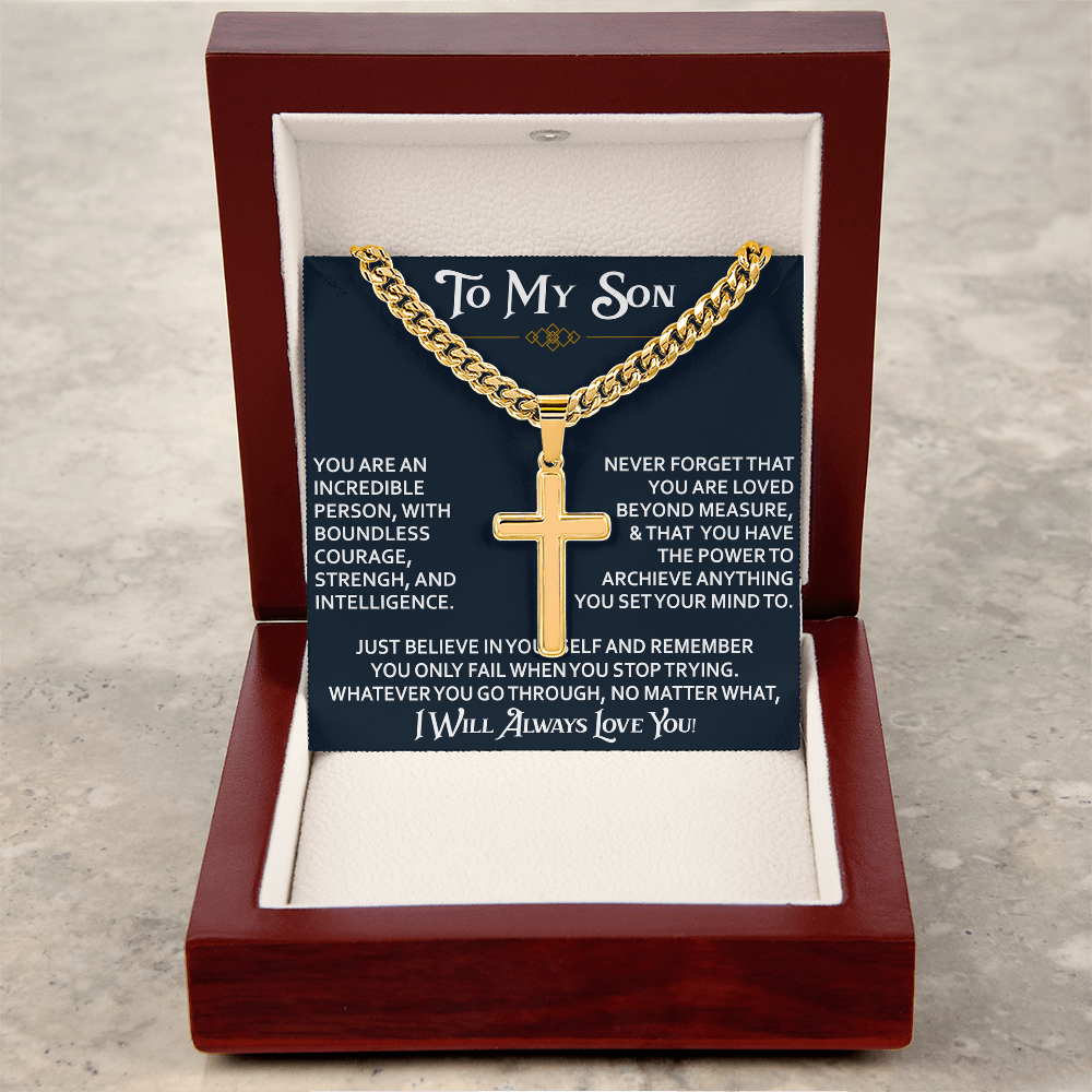 To My Son Personalized Cross with Cuban Link Chain Gift from Dad Mom - Unique Gift for Birthday, Back to School, Graduation or any Special Occasion.