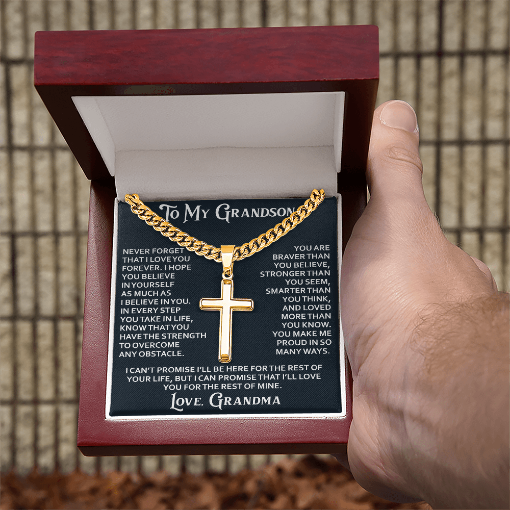 To My Grandson Personalized Cross with Cuban Link Chain From Grandma Grandmother for Christmas, Noel, Birthday, Back to School or Family Matching