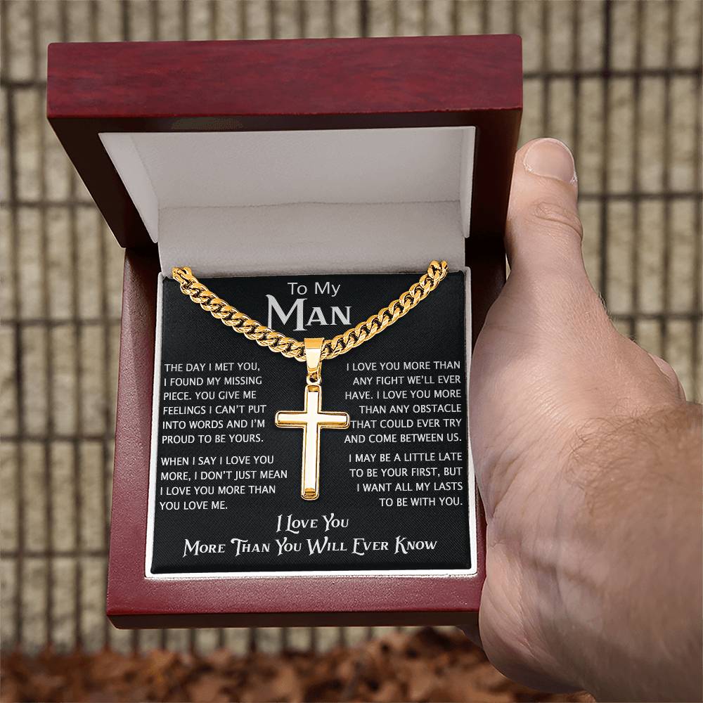 To My Man Personalized Cross with Cuban Link Chain - Perfect Gift for Birthday, Christmas