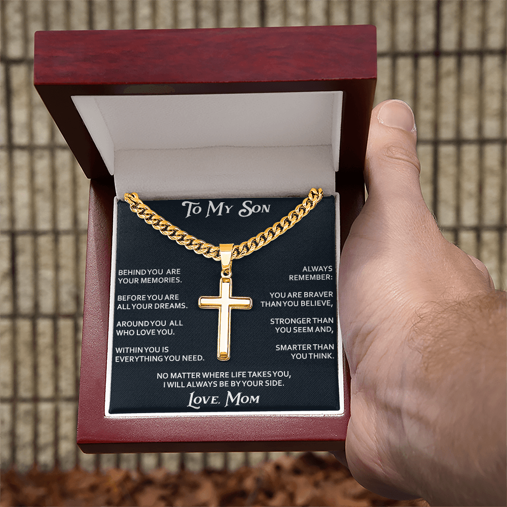 To My Son Personalized Cross with Cuban Link Chain Gift from Mom Mother for Birthday, Back to School, Graduation or any Special Occasion.