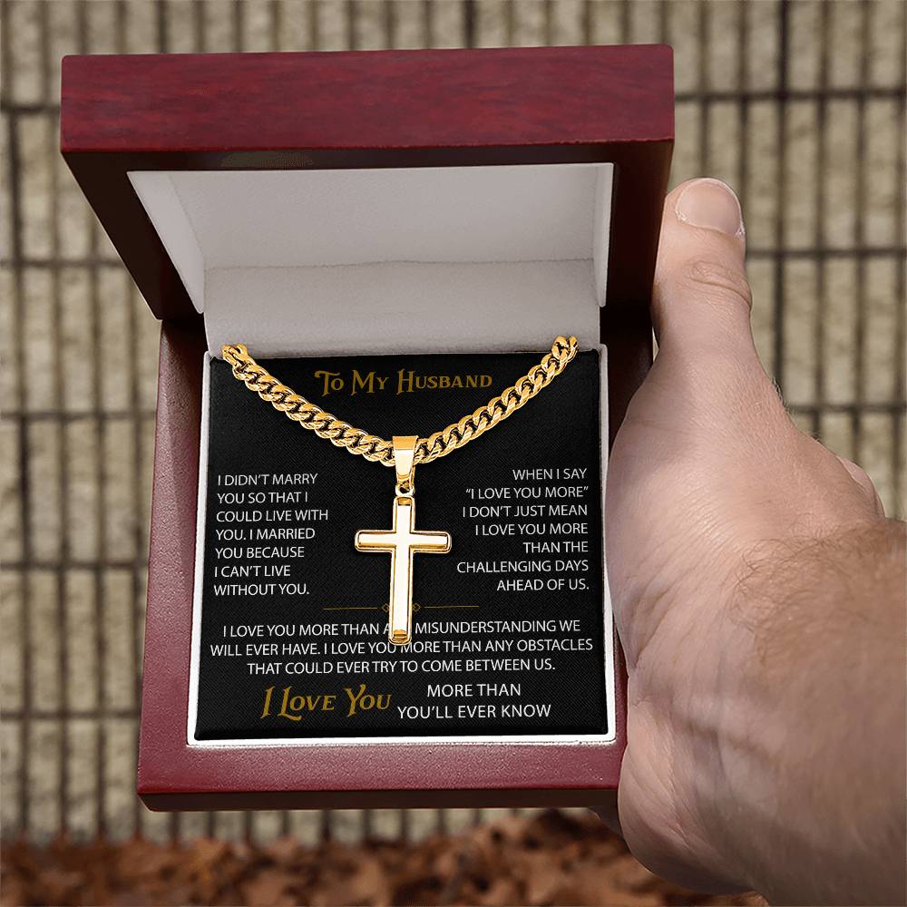 Wife Gift to My Husband Personalized Cross with Cuban Link Chain - Unique Present for Soulmate Broom, Wedding Anniversary, Birthday Gifts