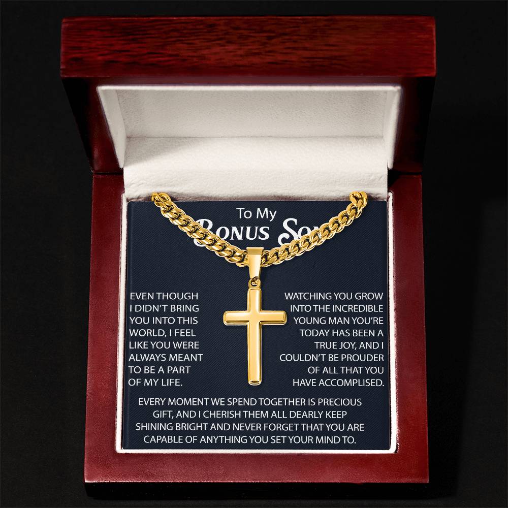 To My Bonus Son Personalized Cross with Cuban Link Chain -  Perfect Gift for Birthday, Christmas, Back to School or any Special Occasion.