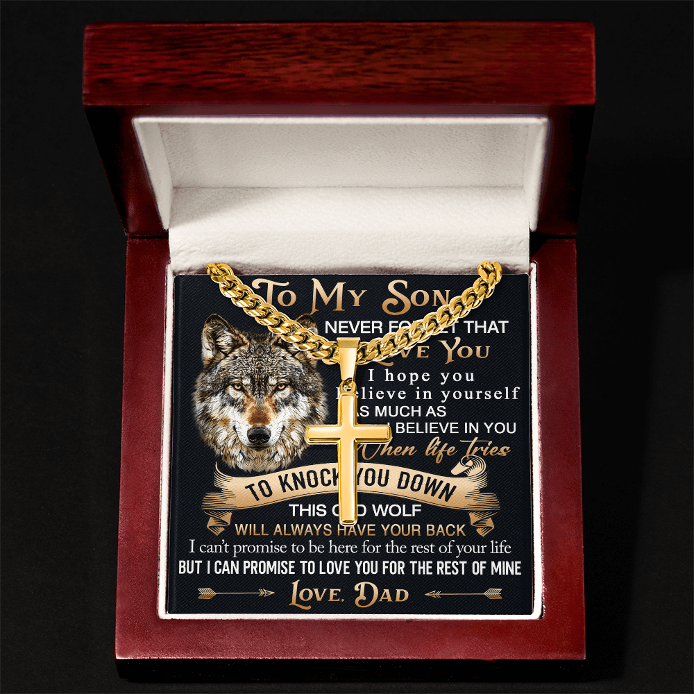 To My Son Personalized Cross with Cuban Link Chain Gift from Wolf Dad - Unique Gift for Birthday, Back to School, Graduation or any Special Occasion.