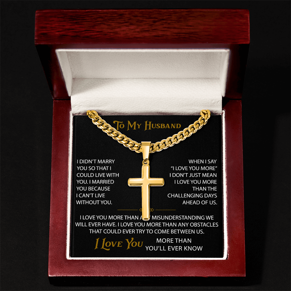 Wife Gift to My Husband Personalized Cross with Cuban Link Chain - Unique Present for Soulmate Broom, Wedding Anniversary, Birthday Gifts