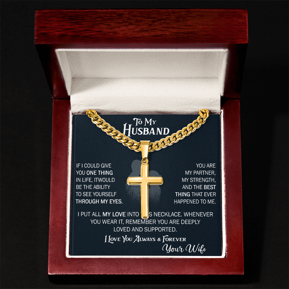 Product Image To My Husband Personalized Cross with Cuban Link Chain From Wife – Valentines Day Gifts for Her with Heartfelt Message Card, Premium Gold-Plated Wife Jewelry