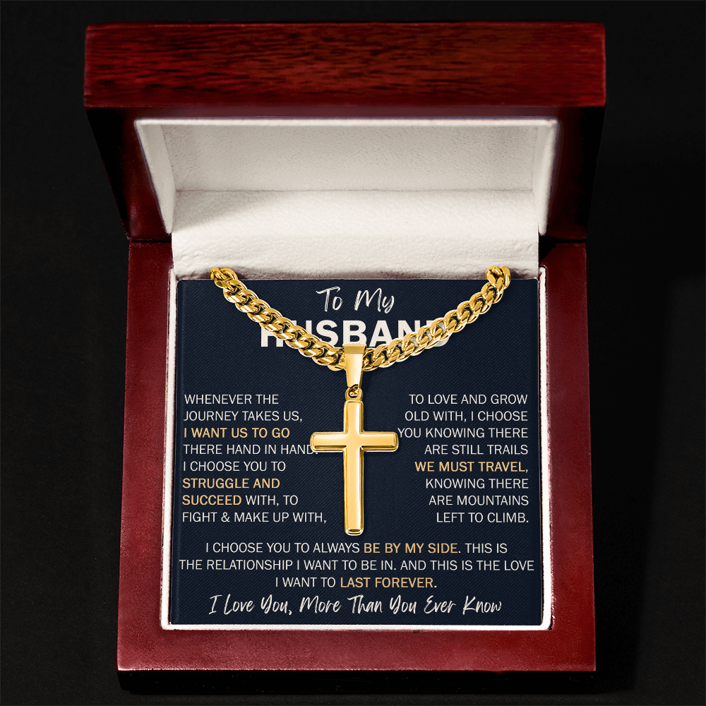 To My Husband Personalized Cross with Cuban Link Chain - Perfect Gift for Birthday, Valentine, Wedding Anniversary or any Special Occasion.