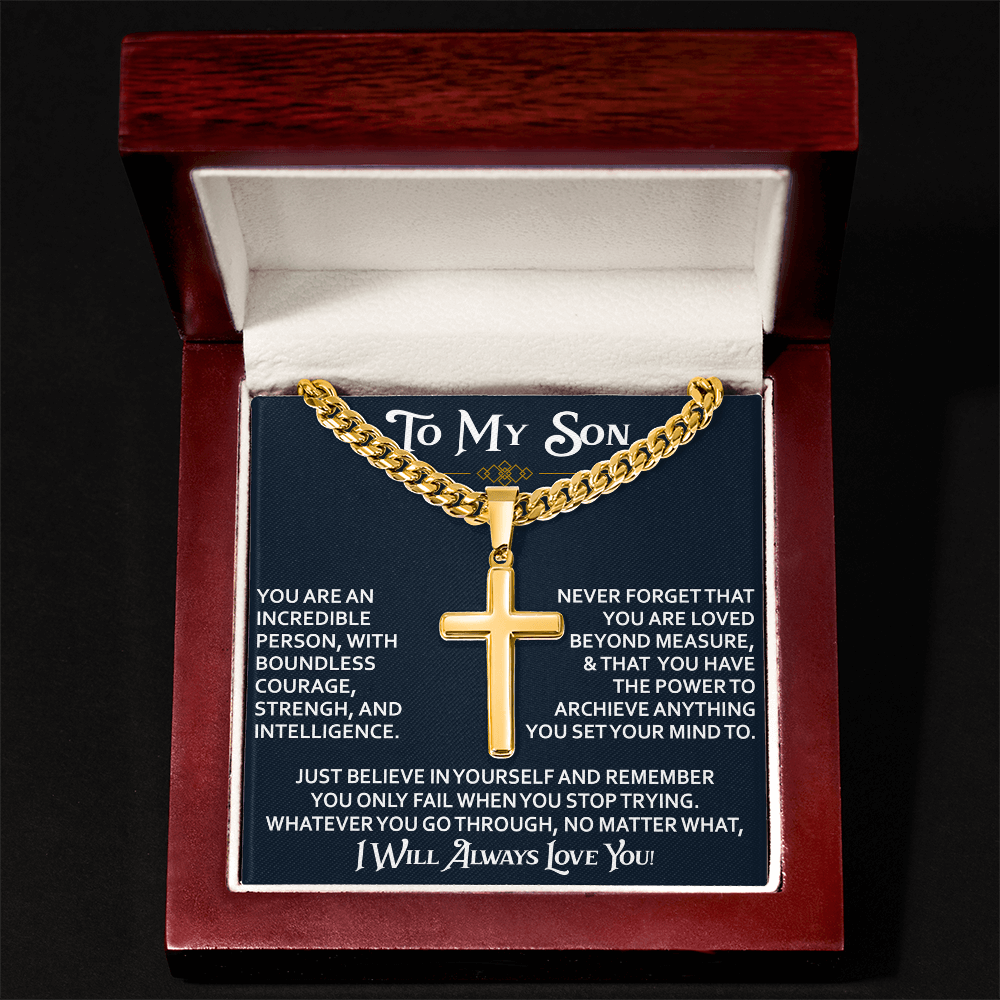 To My Son Personalized Cross with Cuban Link Chain Gift from Dad Mom - Unique Gift for Birthday, Back to School, Graduation or any Special Occasion.