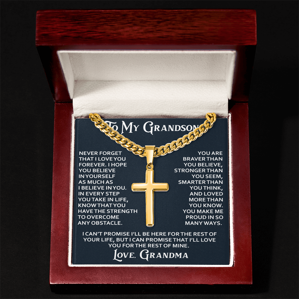 To My Grandson Artisan Cross with Cuban Link Chain - Christian Faith Gifts From Grandpa Grandma Inspirational Jewelry