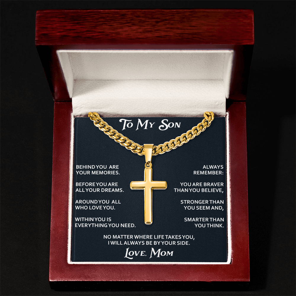 To My Son Personalized Cross with Cuban Link Chain Gift from Mom Mother for Birthday, Back to School, Graduation or any Special Occasion.
