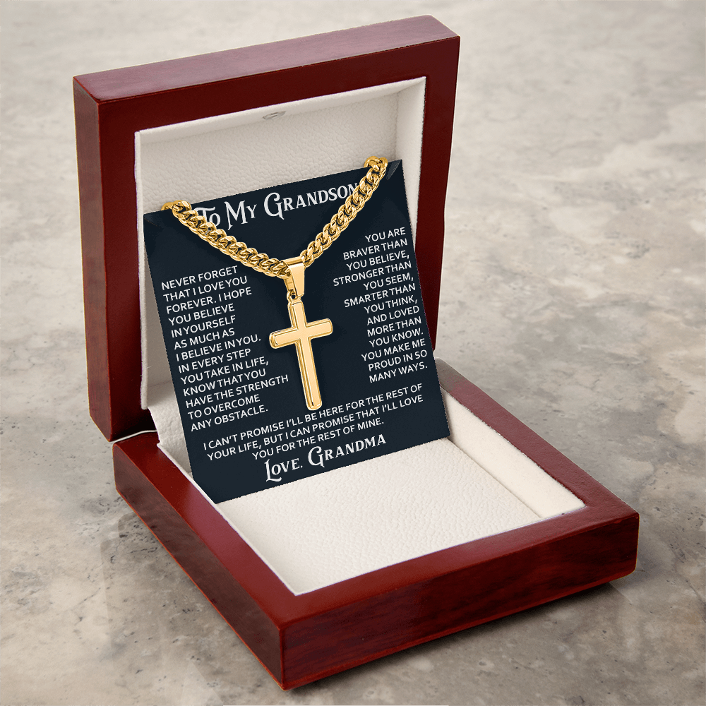 To My Grandson Personalized Cross with Cuban Link Chain From Grandma Grandmother for Christmas, Noel, Birthday, Back to School or Family Matching