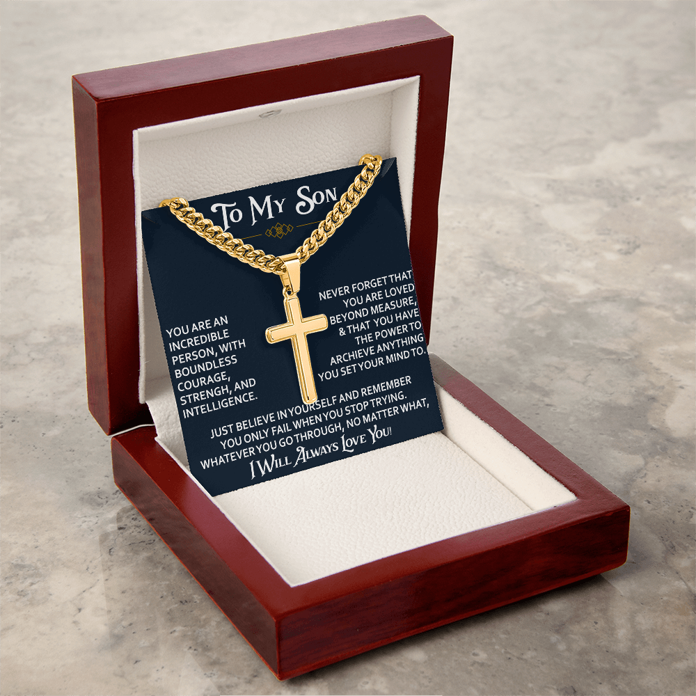 To My Son Personalized Cross with Cuban Link Chain Gift from Dad Mom - Unique Gift for Birthday, Back to School, Graduation or any Special Occasion.