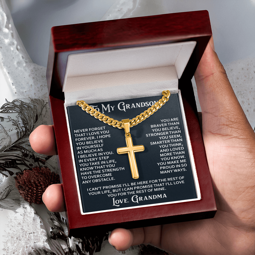 To My Grandson Personalized Cross with Cuban Link Chain From Grandma Grandmother for Christmas, Noel, Birthday, Back to School or Family Matching