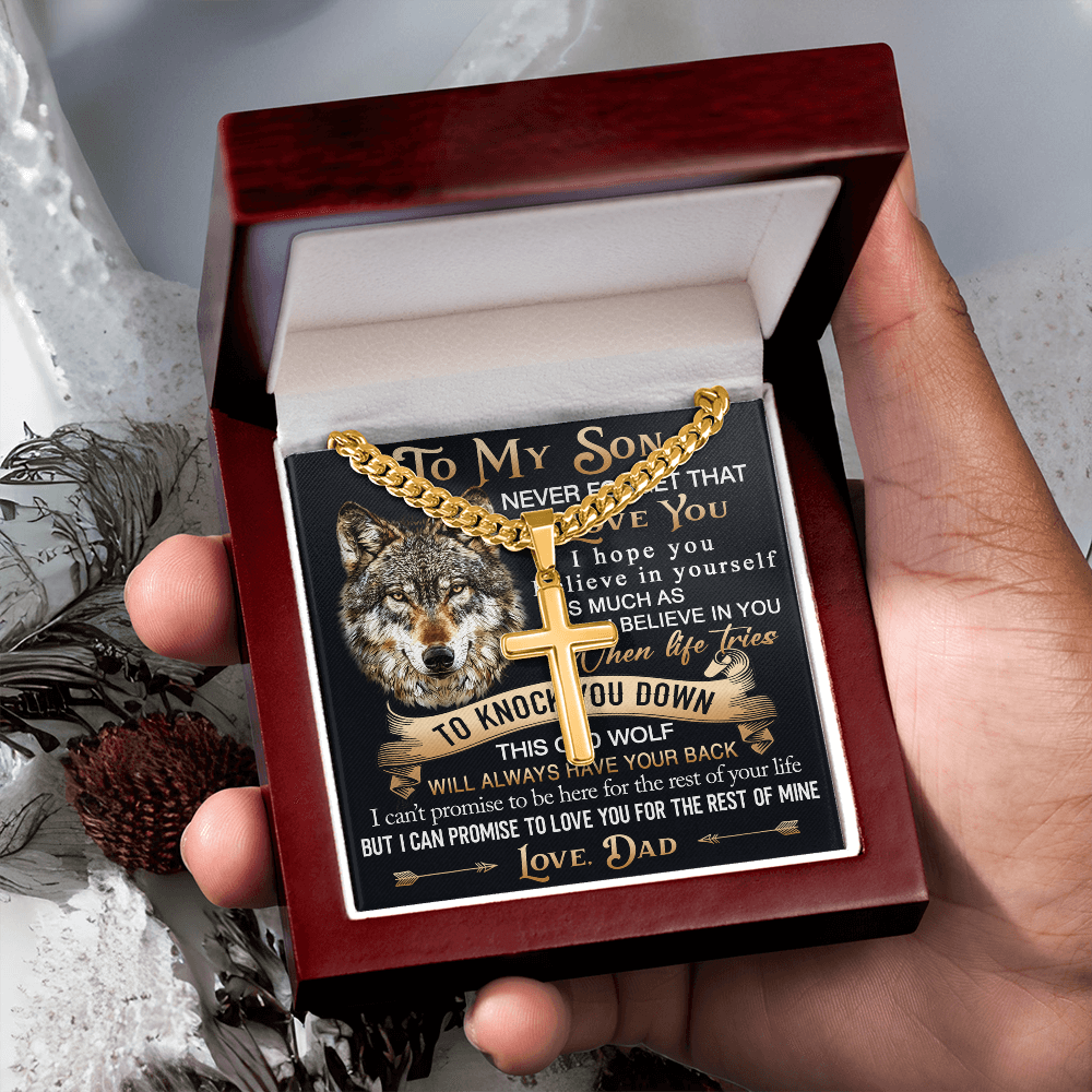 To My Son Personalized Cross with Cuban Link Chain Gift from Wolf Dad - Unique Gift for Birthday, Back to School, Graduation or any Special Occasion.