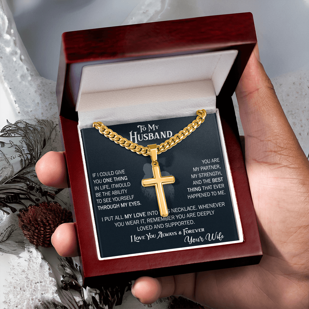 Product Image To My Husband Personalized Cross with Cuban Link Chain From Wife – Valentines Day Gifts for Her with Heartfelt Message Card, Premium Gold-Plated Wife Jewelry