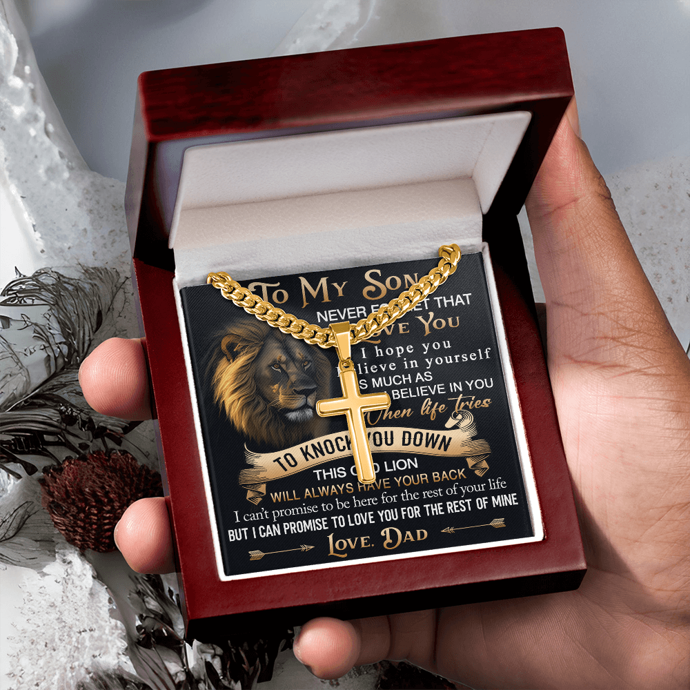 To My Son Personalized Cross with Cuban Link Chain Gift from Dad - Unique Gift for Birthday, Back to School, Graduation or any Special Occasion.