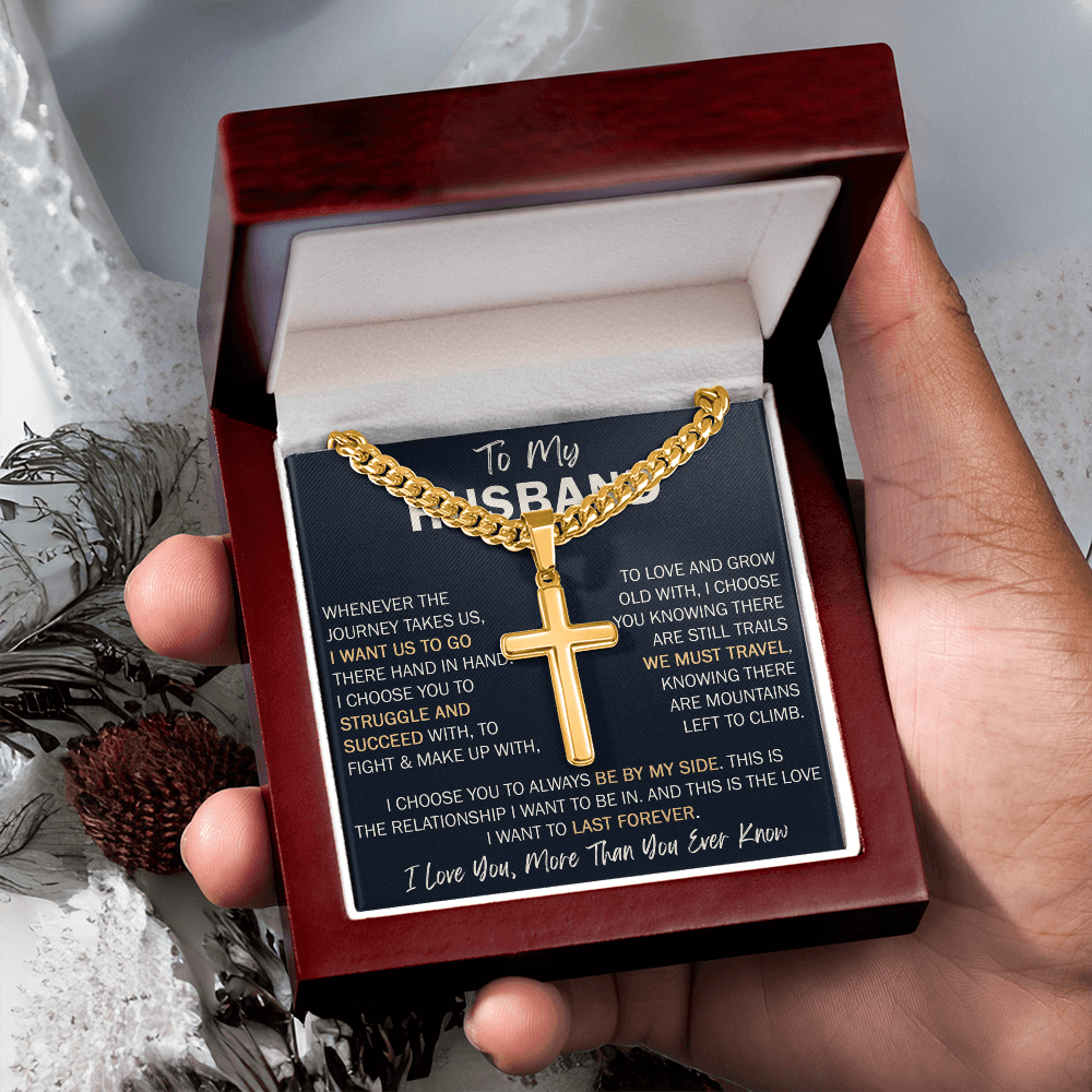To My Husband Personalized Cross with Cuban Link Chain - Perfect Gift for Birthday, Valentine, Wedding Anniversary or any Special Occasion.