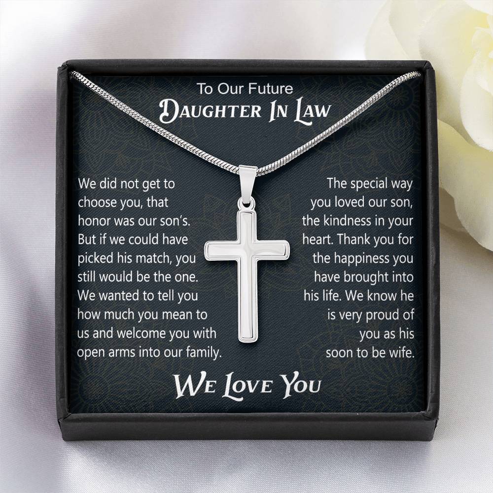 To Our Future Daughter In Law Artisan Cross Necklace Gift for Birthday Wedding Christmas or any Special Occasion.