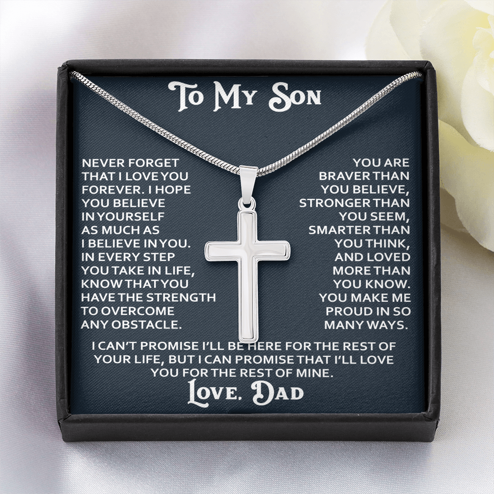 To My Son Artisan Cross Necklace - Birthday Christmas Gift from Dad Father Heartfelt Jewelry