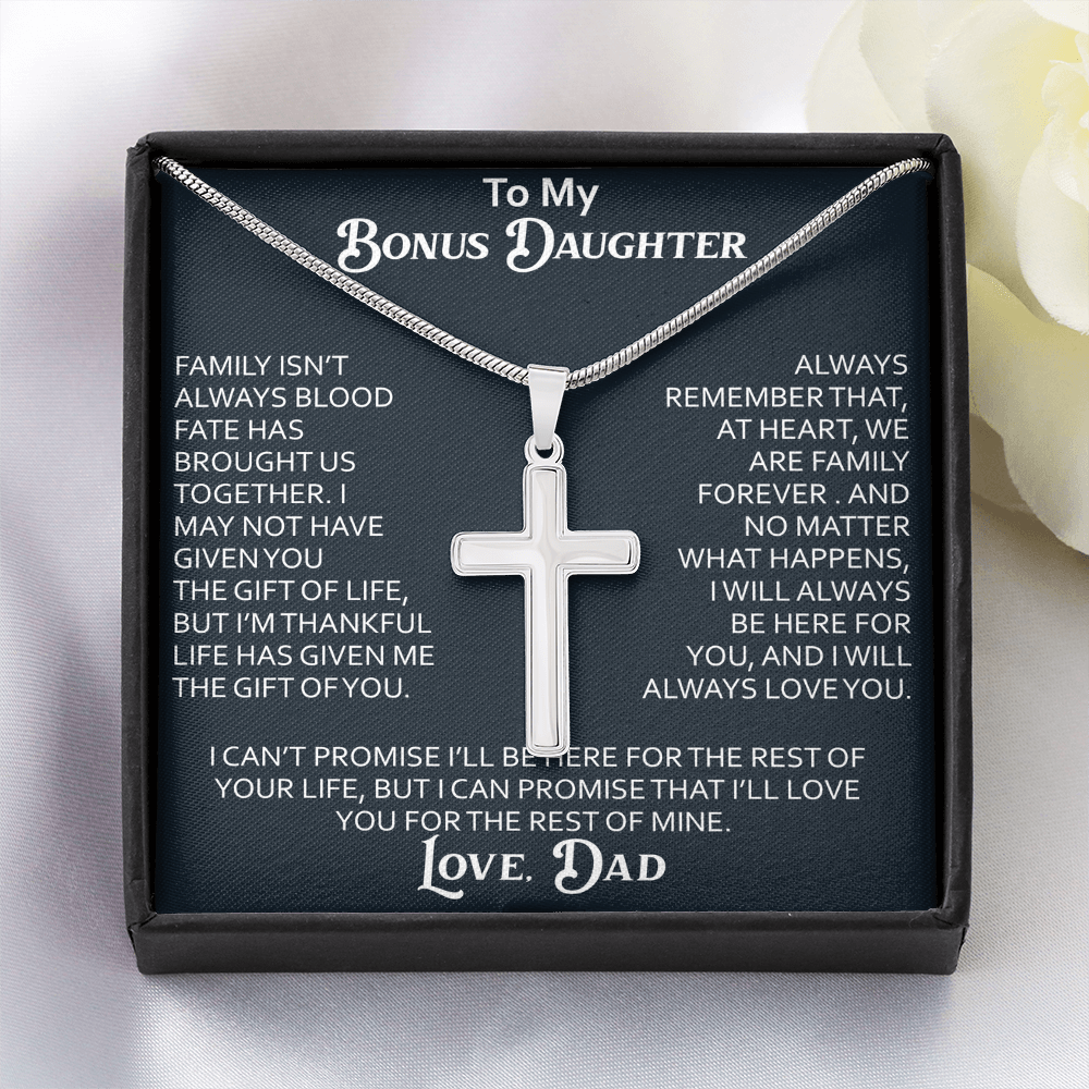 To My Bonus Daughter Artisan Cross Necklace Meaningful Gift from Dad, Stepdaughter Heart Family Love Jewelry