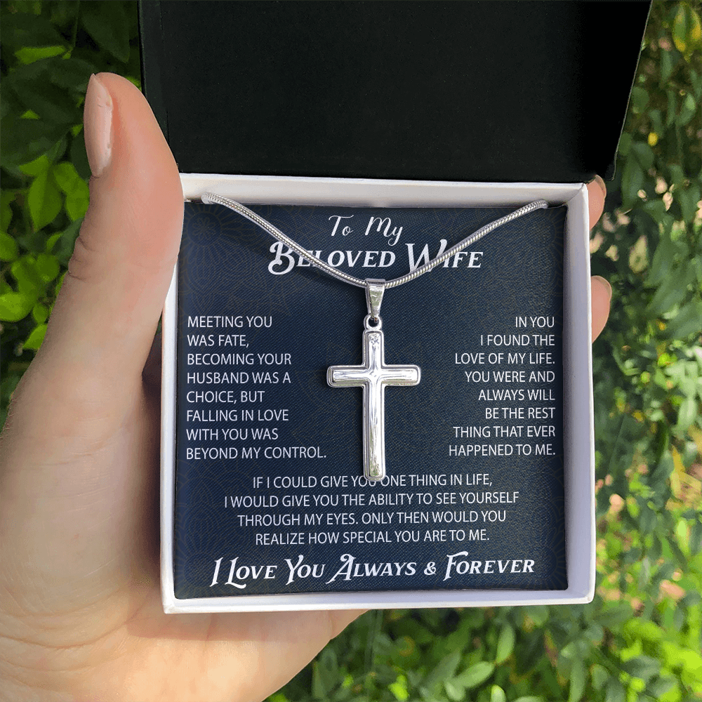 To My Belove Wife with Artisan Cross Necklace Gift from Husband - Great Present for Birthday, Christmas or any Special Occasion.