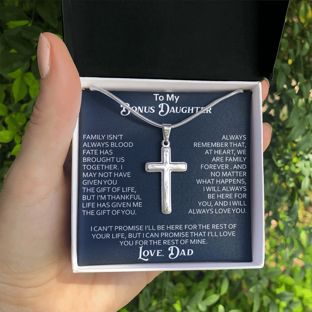 To My Bonus Daughter Artisan Cross Necklace Meaningful Gift from Dad, Stepdaughter Heart Family Love Jewelry