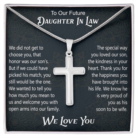 To Our Future Daughter In Law Artisan Cross Necklace Gift for Birthday Wedding Christmas or any Special Occasion.