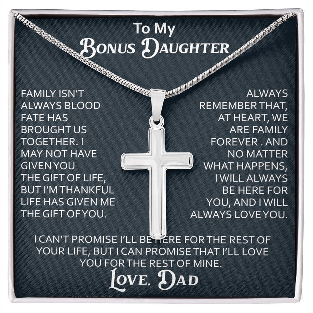 To My Bonus Daughter Artisan Cross Necklace Meaningful Gift from Dad, Stepdaughter Heart Family Love Jewelry