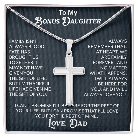To My Bonus Daughter Artisan Cross Necklace Meaningful Gift from Dad, Stepdaughter Heart Family Love Jewelry