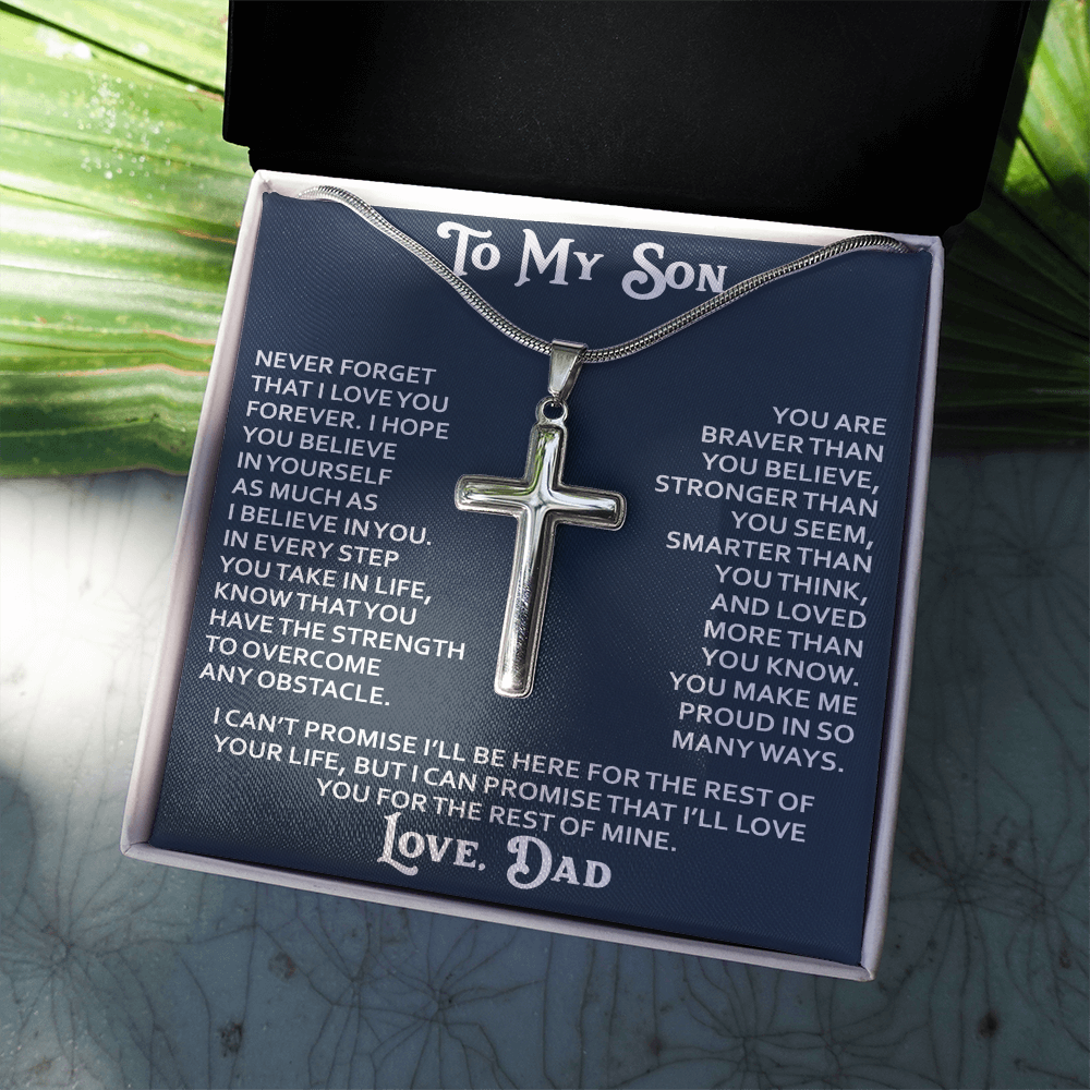 To My Son Artisan Cross Necklace - Birthday Christmas Gift from Dad Father Heartfelt Jewelry