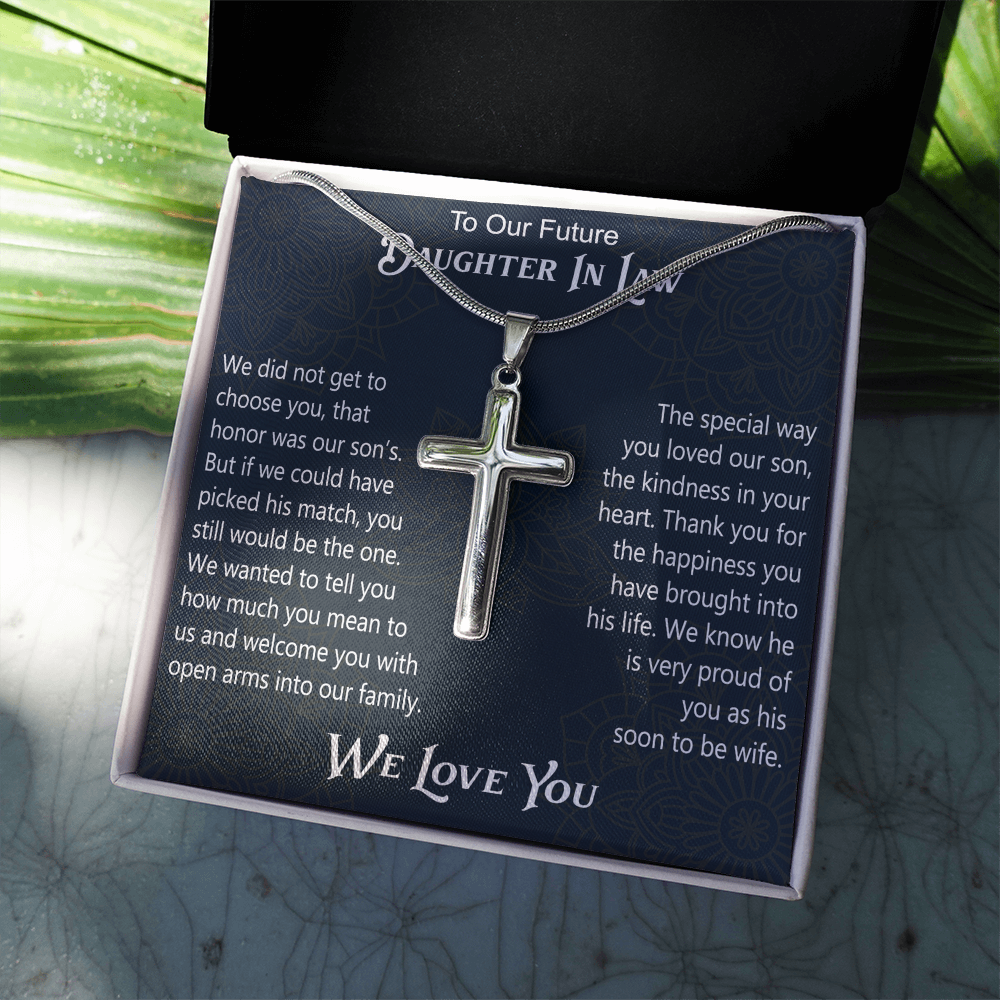 To Our Future Daughter In Law Artisan Cross Necklace Gift for Birthday Wedding Christmas or any Special Occasion.