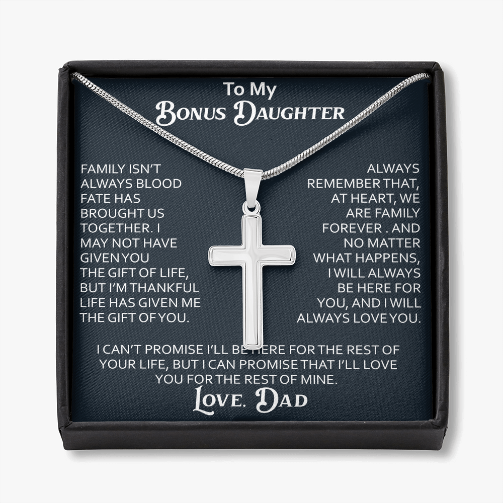 To My Bonus Daughter Artisan Cross Necklace Meaningful Gift from Dad, Stepdaughter Heart Family Love Jewelry