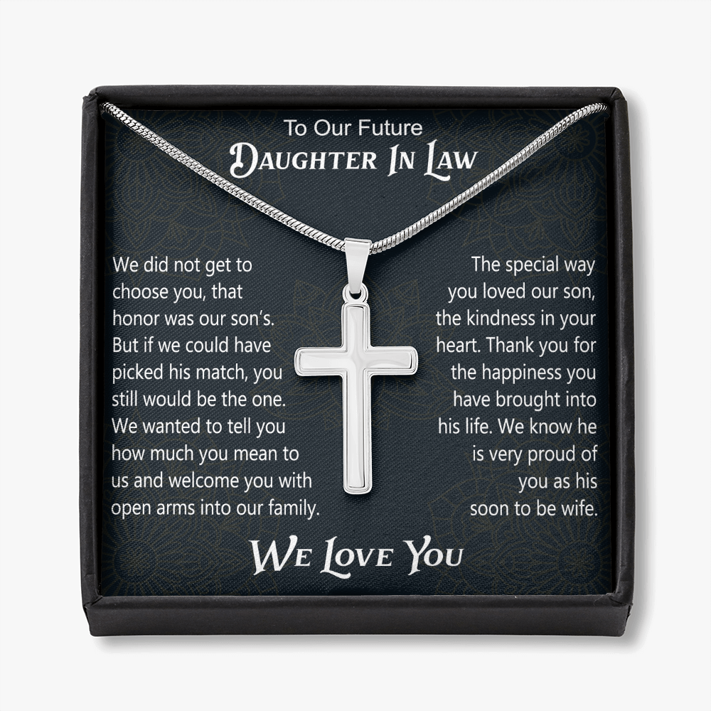 To Our Future Daughter In Law Artisan Cross Necklace Gift for Birthday Wedding Christmas or any Special Occasion.