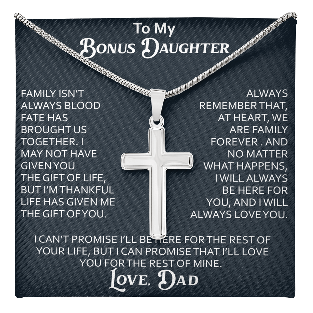 To My Bonus Daughter Artisan Cross Necklace Meaningful Gift from Dad, Stepdaughter Heart Family Love Jewelry