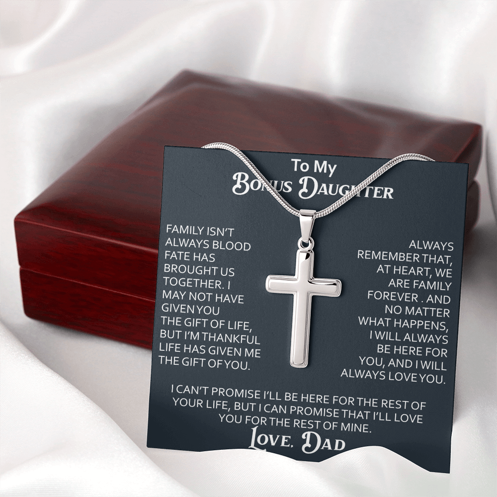 To My Bonus Daughter Artisan Cross Necklace Meaningful Gift from Dad, Stepdaughter Heart Family Love Jewelry