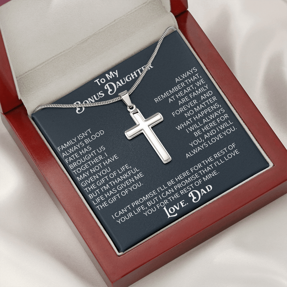 To My Bonus Daughter Artisan Cross Necklace Meaningful Gift from Dad, Stepdaughter Heart Family Love Jewelry